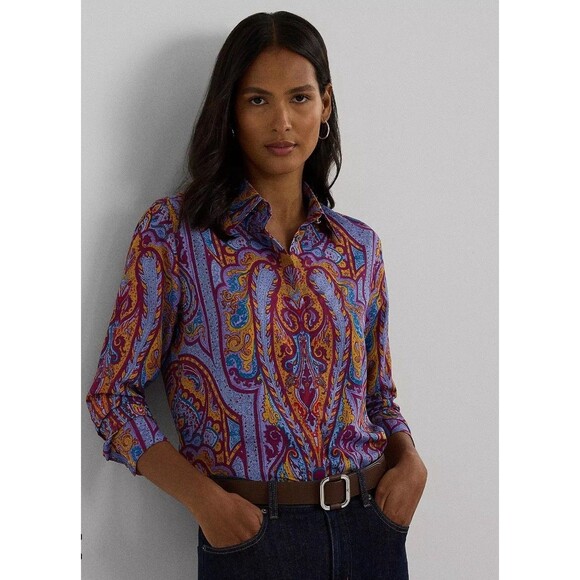 NWT Lauren Ralph Lauren Classic Fit Paisley Crepe Shirt Small Fuchsia Blouse - Picture 1 of 9